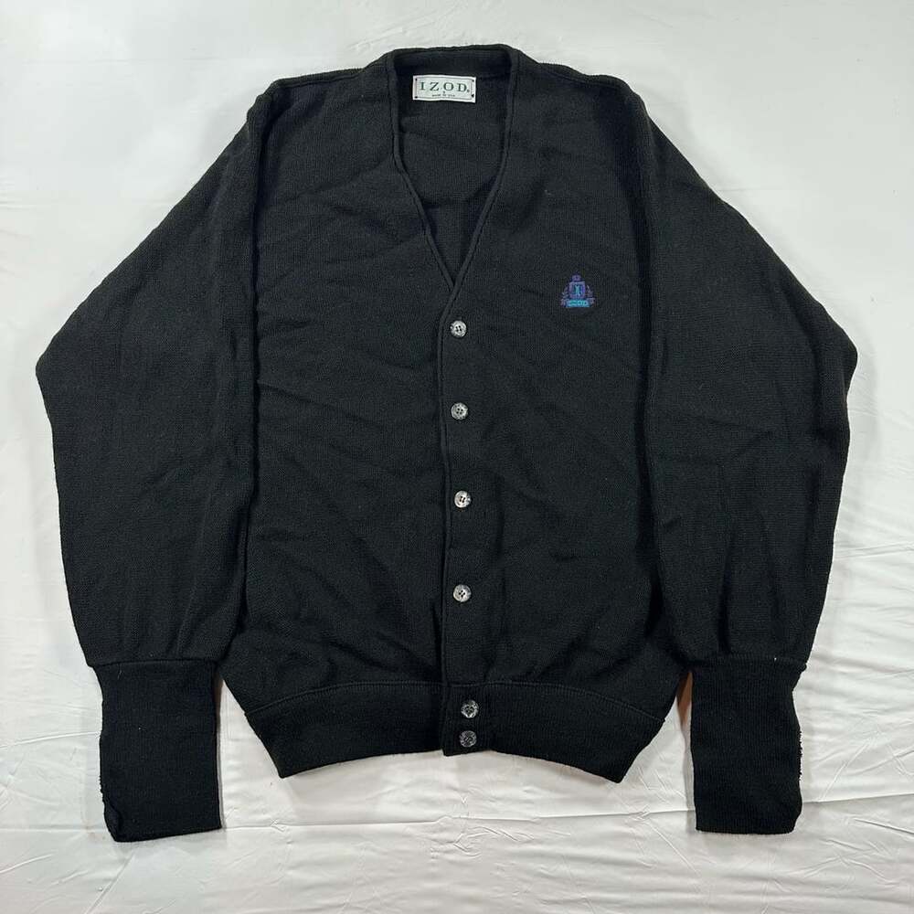 Vintage Izod Sweater Mens Small Black Cardigan V Neck 80s Golf Preppy USA
